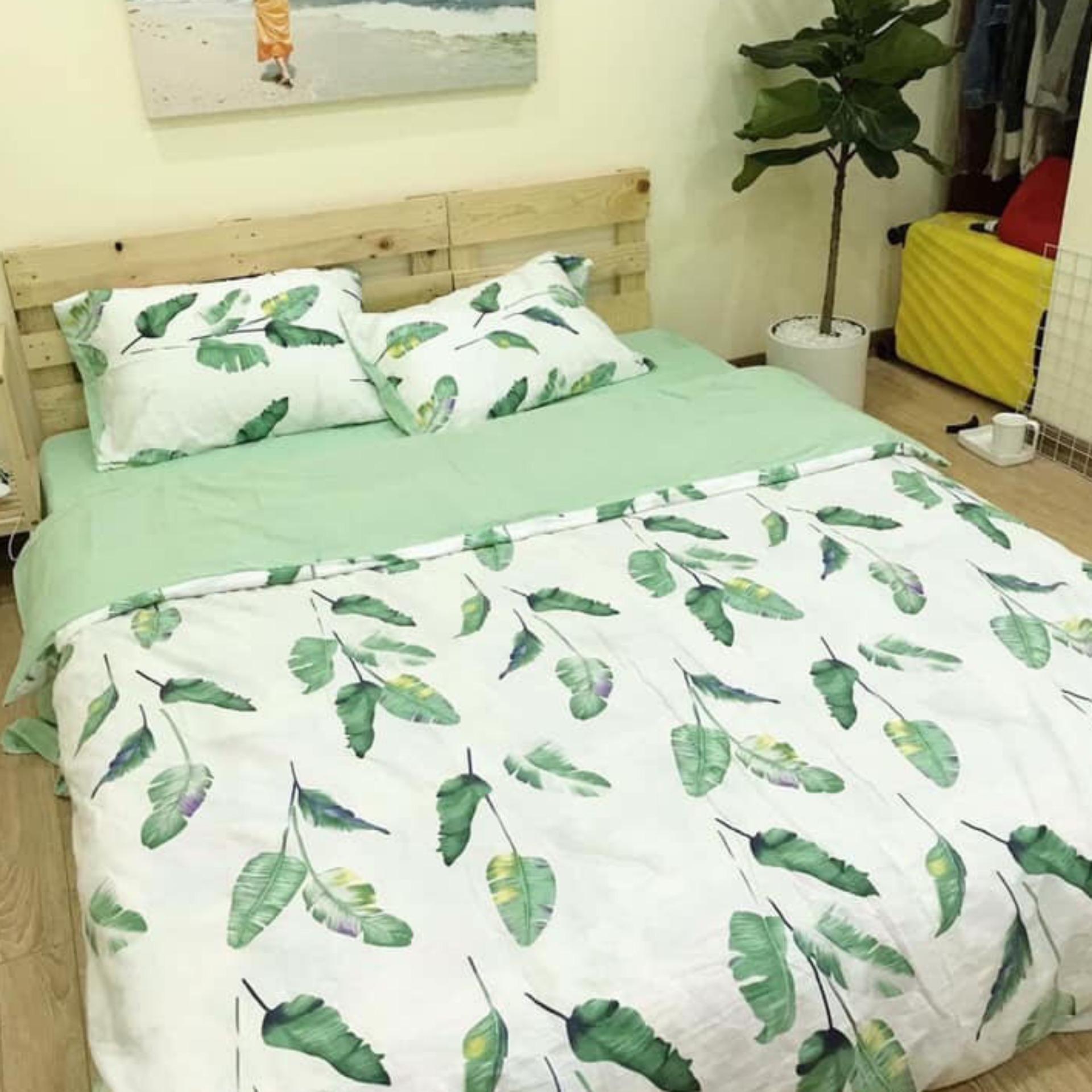 Bộ chăn ga gối đũi nhập lá xanh mới