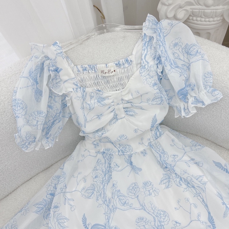 Đầm hoa xanh nhún chỉ - Chitchitstore