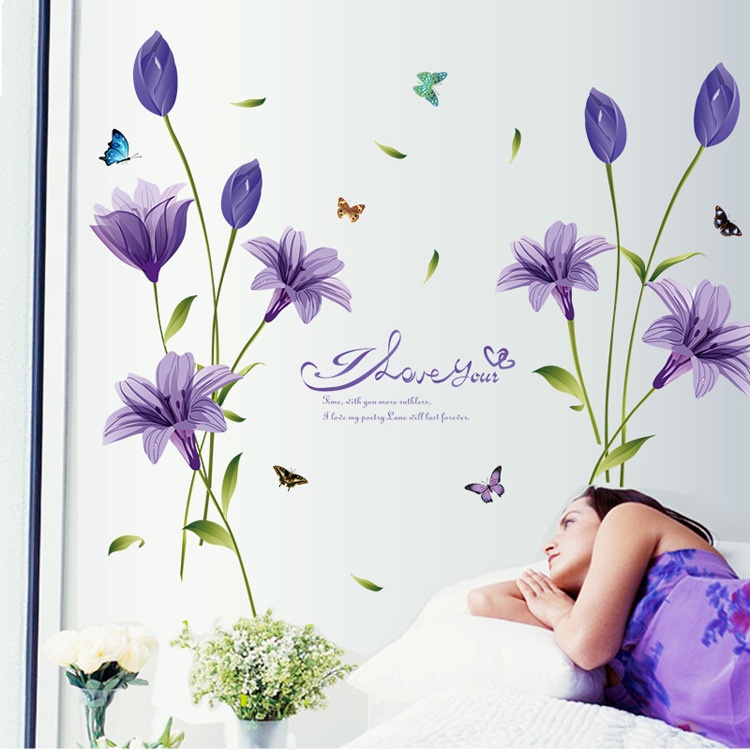 Decal dán tường HOA LILY TÍM Sticker Tranh Dán Tường -SK9122B- Decal dán tường cây xanh ,Decal dán tường hoa lá
