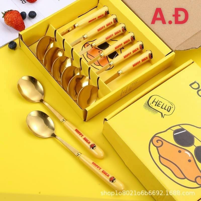 Hộp 6 muỗng inox hình vịt vàng dễ thương Duck