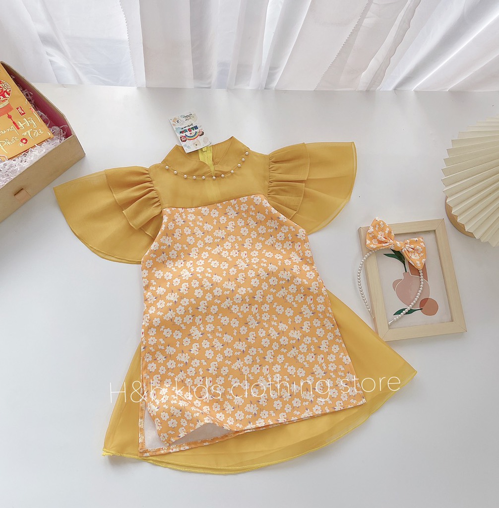 Áo dài cách tân hoa hồng lụa đáng yêu cho bé 10-20kg