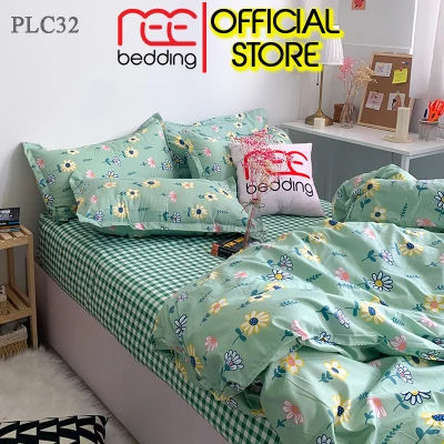 Bộ chăn ga gối Poly Cotton REE Bedding PLC32 caro xanh hoa nhí đủ size giường nệm