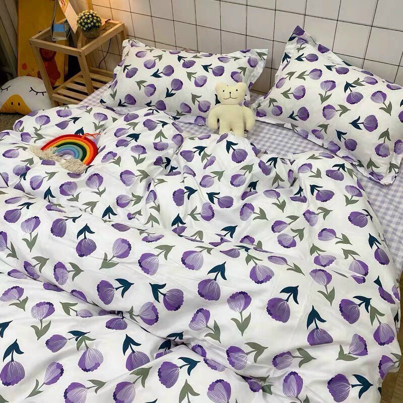 Bộ Chăn Ga Gối Cotton Poly - Hoa Tím ( 1 Drap + 2 Vỏ Gối Nằm + 1 Vỏ Chăn ) Tiệm Nhà Cá