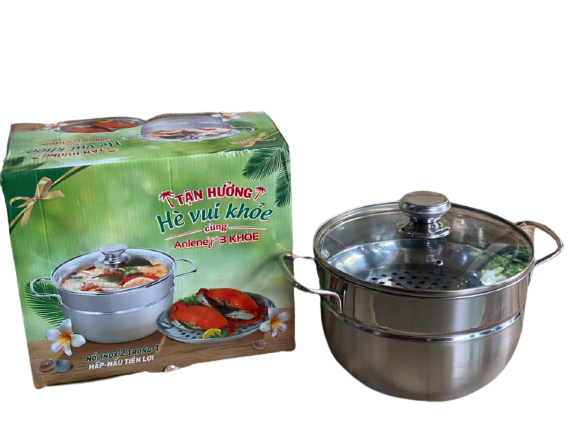 Nồi hấp inox 2tầng nắp kiếng  22cm