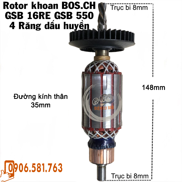 Rotor khoan BOSCH GSB 16RE đời cũ (Răng nhỏ) dây đồng 220V - Tặng chổi than