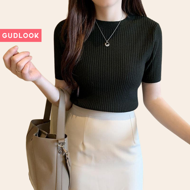 Áo Len Thun Tăm GUDLOOK basic nhiều màu cổ tròn tay ngắn chất tăm len