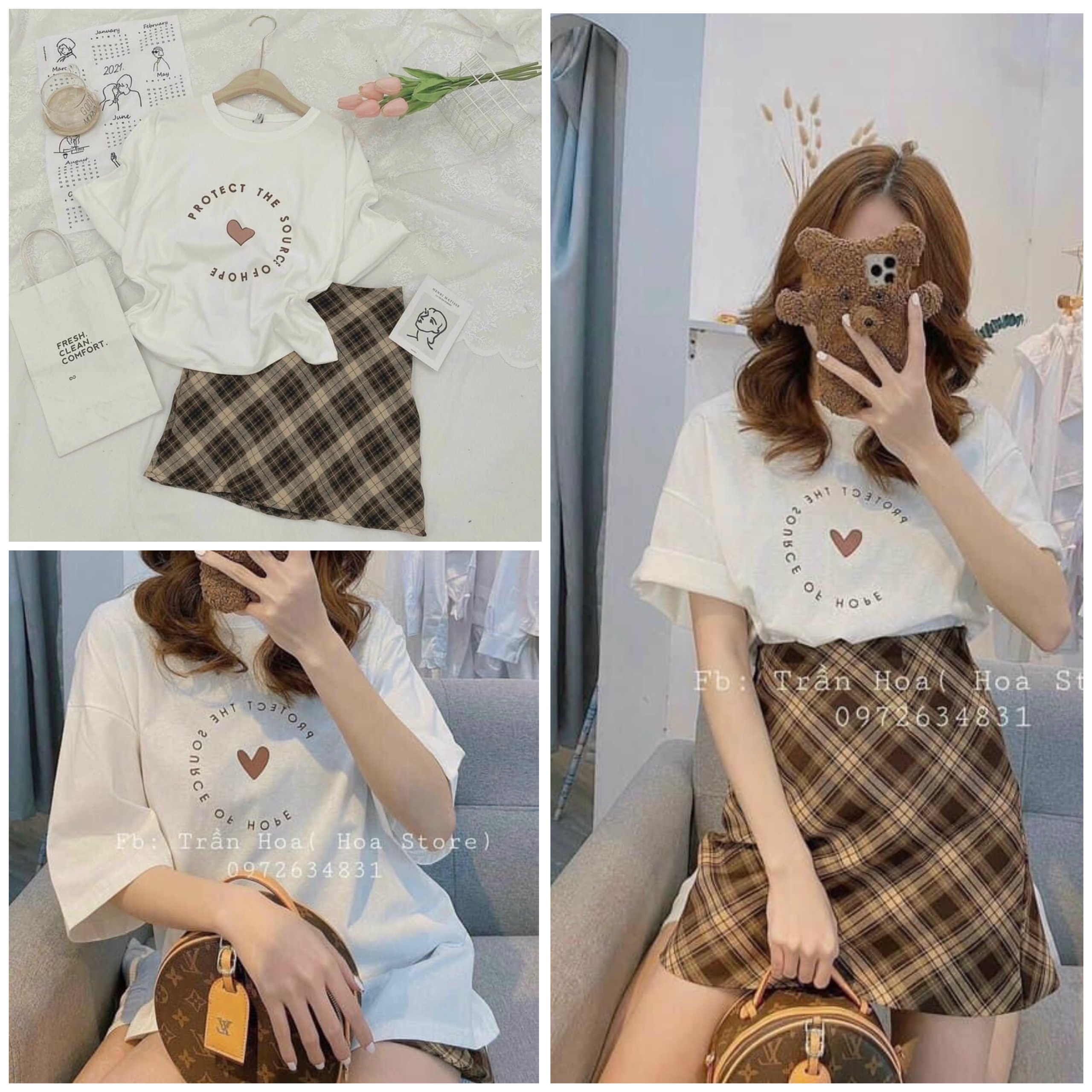 Set áo thun cotton chân váy chữ A , áo phông tim mix chân váy kẻ siêu xinh AD91