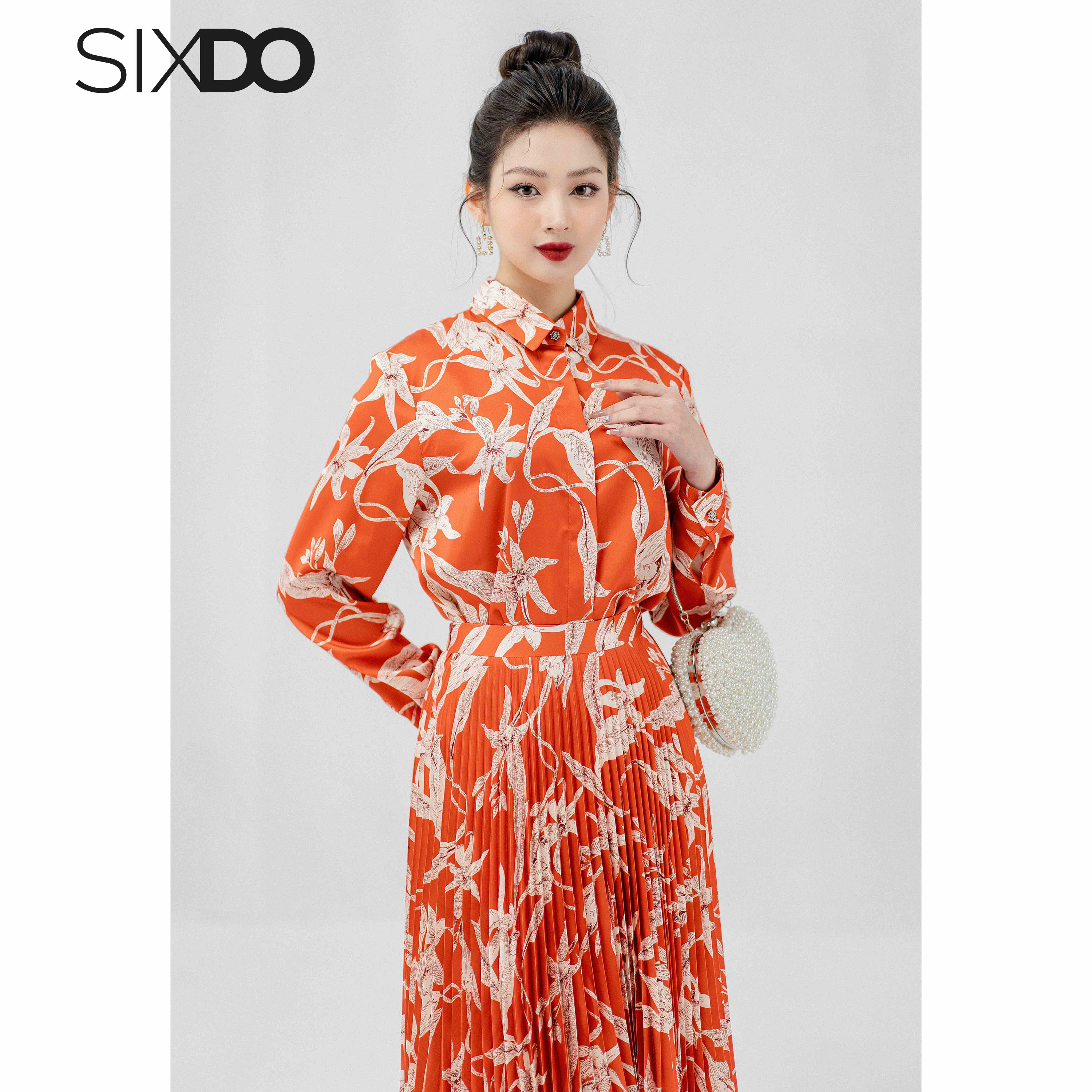 Chân váy lụa cam xếp ly SIXDO (Dark Orange Floral Pleated Midi Silk Skirt)