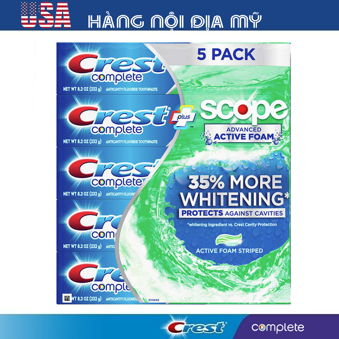 Kem đánh răng Crest Complete + Scope Advanced Active Foam 232g [HÀNG LOẠI 1, CAM KẾT KHÔNG GIẢ, HÀNG NỘI ĐỊA MỸ]