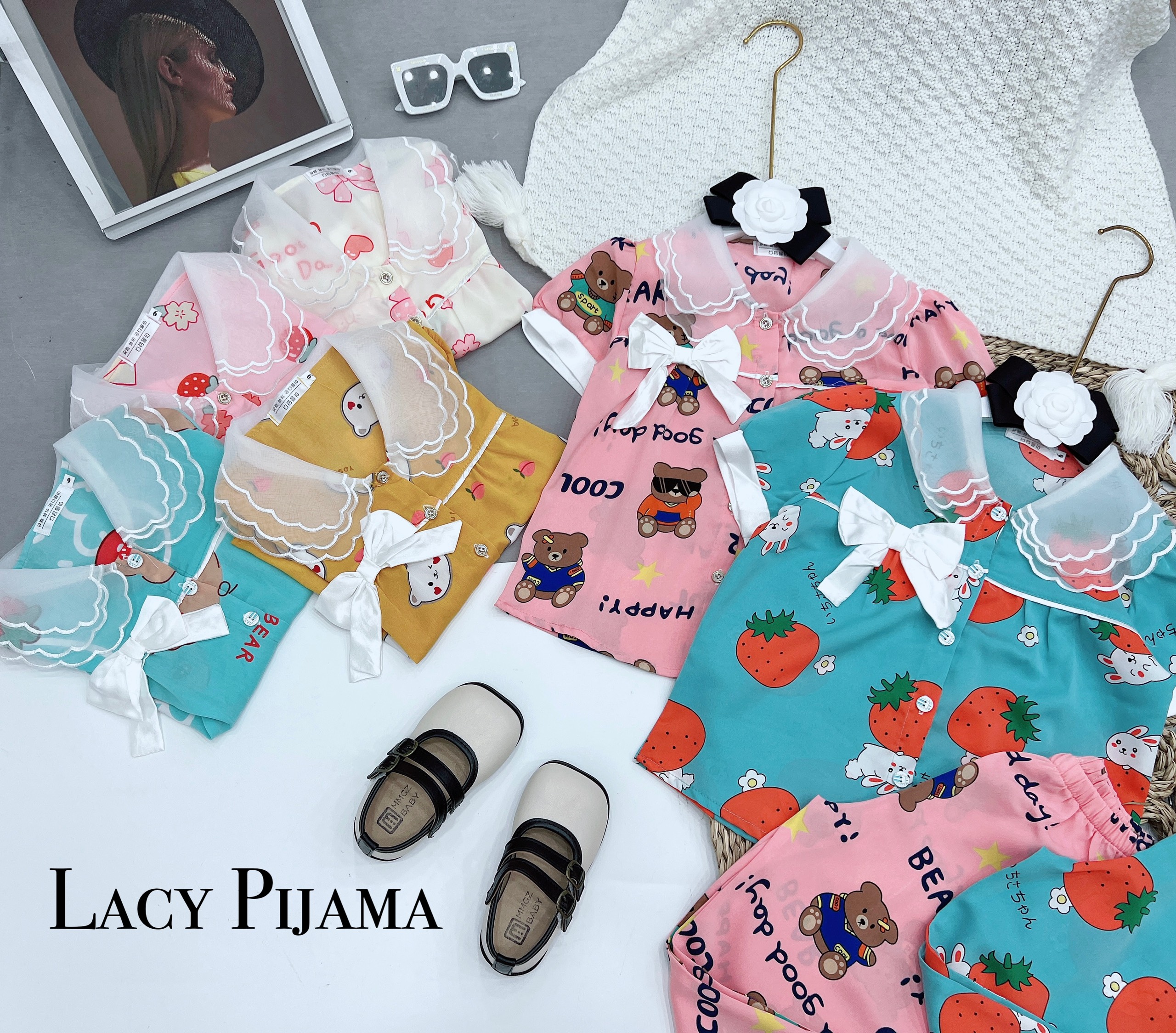 Bộ Ngủ Pijama Lụa Mango Phối Cổ Ba Lá Cho Bé Gái