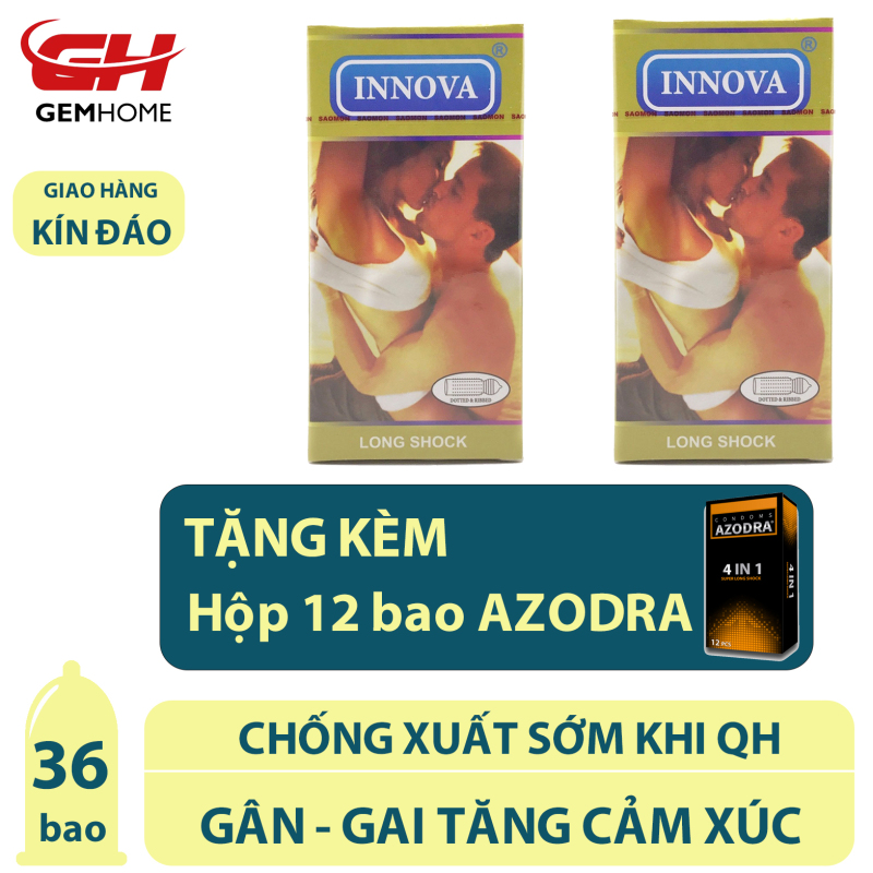 Bộ 2 hộp Bao Cao Su Innova vàng+ tặng 1 hộp Azodr 12 bao,kéo dài thời gian chống xuất sớm khi qh, bcs có gân và gai giúp tăng cảm xúc -GEMHOME