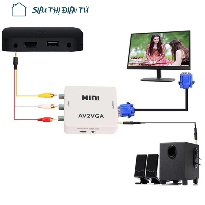 Sieuthidientu [HCM]Bộ Box Chuyển Đổi Tín Hiệu AV RCA ra VGA Audio CVSB Model AV2VGA Hỗ Trợ Phân Giải FullHD 1080P Có Switch 720p và 1080p