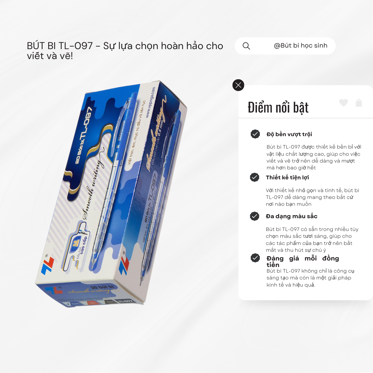 Bút Bi Thiên Long TL-097 Viết rất trơn, êm, mực ra đều, liên tục nút bấm bằng nhựa cùng màu với ruột bút