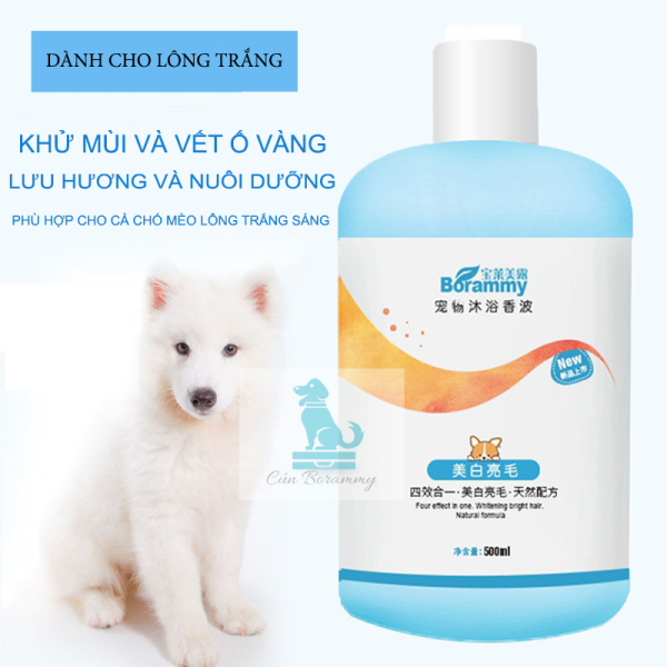 Sữa tắm cho chó dành cho lông trắng BORAMMY 500ml  - Sữa tắm cho thú cưng dưỡng chất hoa hồng có độ nhớt thấp dễ xoa và tạo bọt