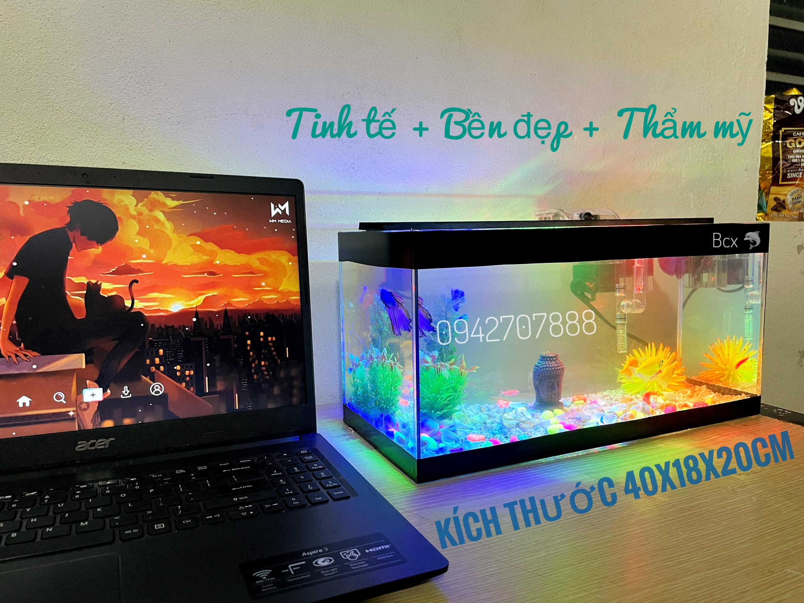 Bể cá mini để bàn 40cm FULL COMBO đầy đủ phụ kiện