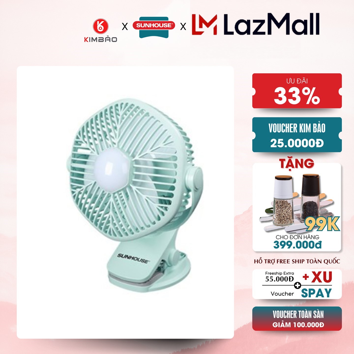 Quạt sạc mini sunhouse shd7111tích điện , kẹp bàn , siêu nhỏ gọn , sạc pin , tiện lợi , cute , dễ thương