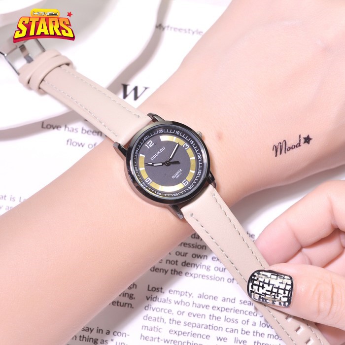 [Mua 1 Tặng 1]Đồng hồ nữ cá tính dây da đẹp sang trọng giá rẻ viền vàng mặt Honey Stars 492373