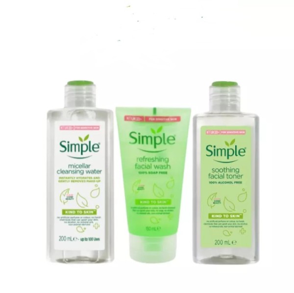 Combo Da Sạch Sâu SIMPLE Kind To Skin Nước Tẩy Trang 200ml + Sữa Rửa Mặt 150ml + Nước Cân Bằng Da Toner nhập khẩu