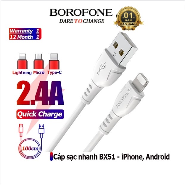 Borofone bx51 fast charge charging cable anti-tangle free for iPhone Android iPad 1m length data transmission cable-authentic