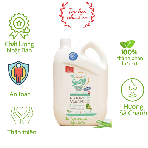 Nước lau sàn SUZY Nhật Bản 4L hương sả chanh diệt khuẩn, chống trơn trượt - thành phần HỮU CƠ