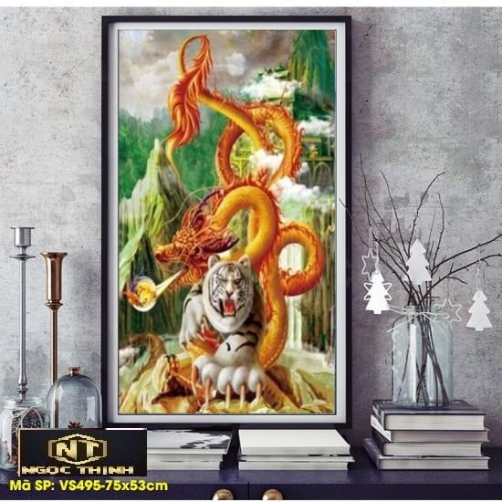 Tranh Đính Đá cao cấp VS495 Rồng cuộn hổ ngồi Kích thước: 75x53cm