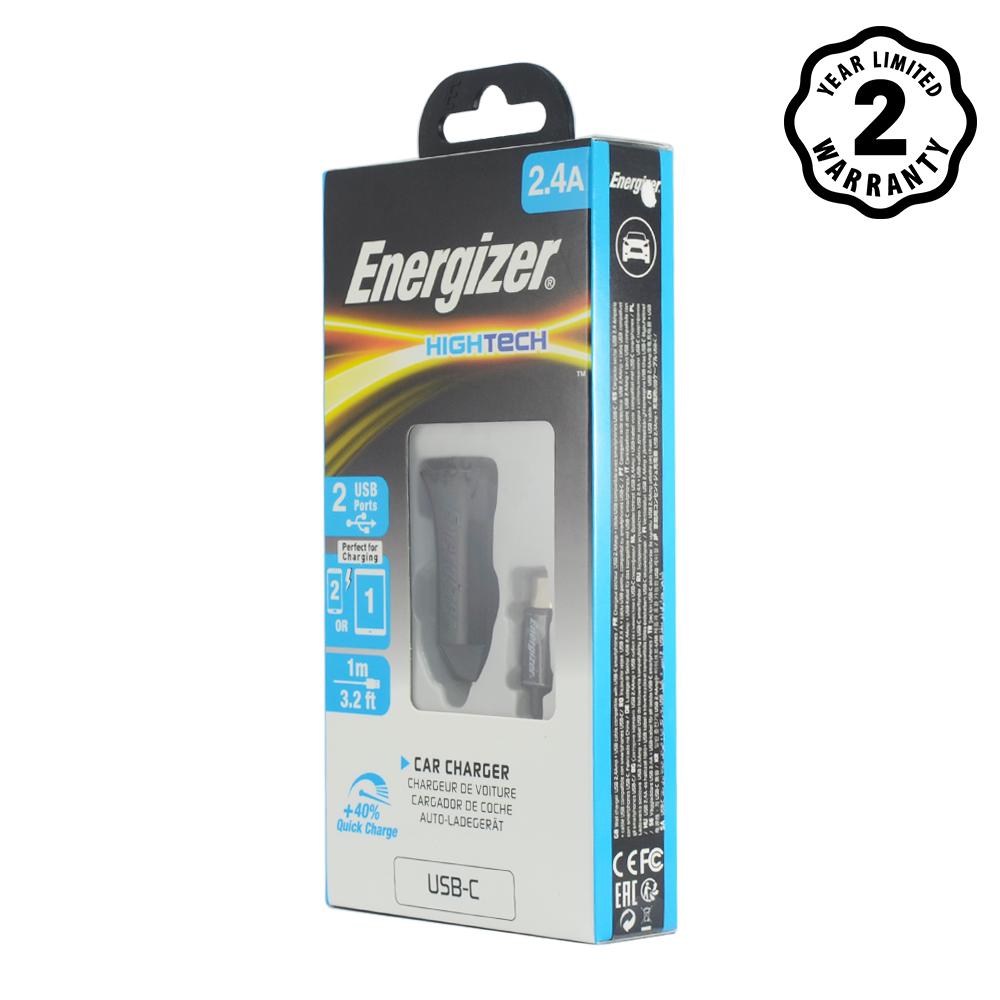 Sạc ô-tô Energizer 2.4A 2USB màu đen kèm cáp USB-C2.0 - DCA2BHC23