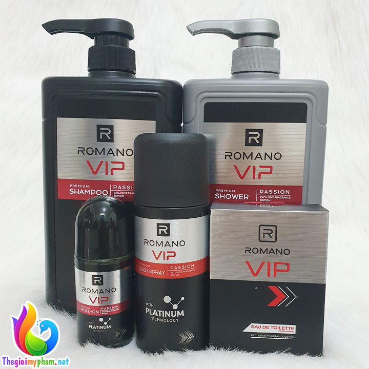 Combo Romano VIP Passion 2020: Dầu Gội + Sữa Tắm 650g + Nước Hoa 50ml + Lăn Khử Mùi 50ml + Xịt Khử Mùi Toàn Thân 150ml