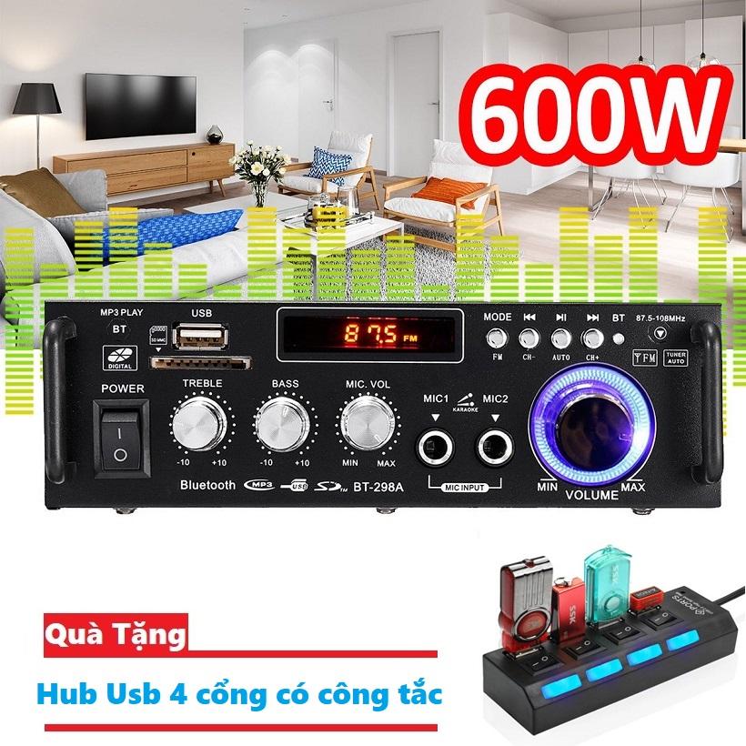 Bộ Ampli Mini Bluetooth BT-298A sử dụng nguồn AC 220v hoặc DC 12V tích hợp 2 cổng MIC - Ampli Mini Karaoke Bluetooth Cao Cấp BT-298A Tặng kèm hub usb 4 cổng có công tắc mới