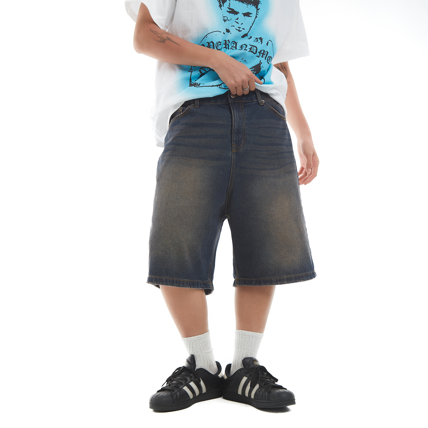 Quần Short Jeans DAPPERANDMORE Washed Denim Form Lửng - Xanh Đậm