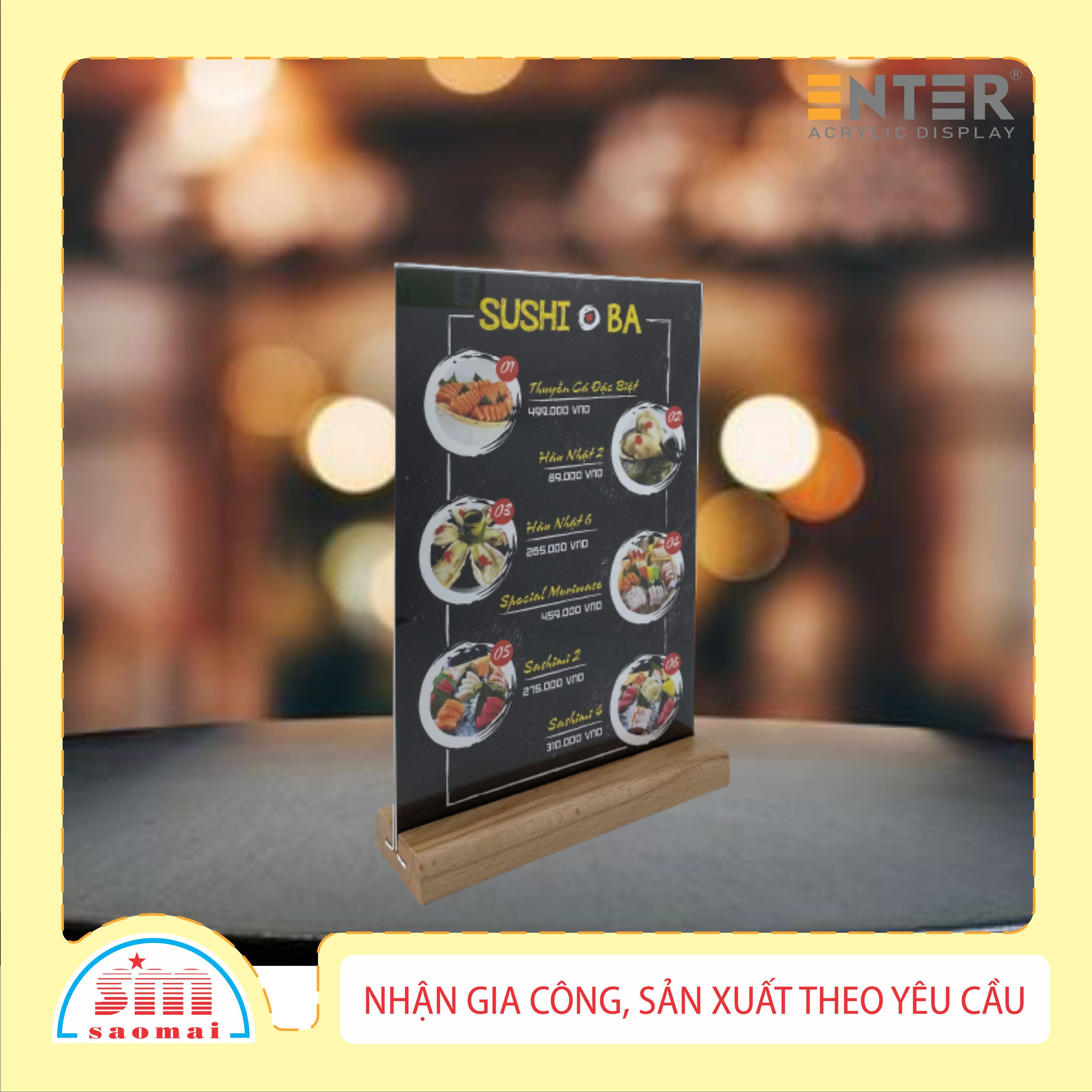 Kệ mica 2 mặt Enter E42 150x210mm đế gỗ A5 đứng, Kệ menu nhà hàng, Standee mica để bàn, Bảng quét mã QR Code