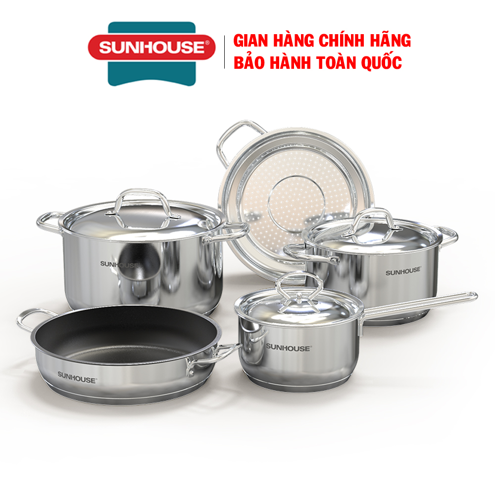 Bộ nồi chảo inox 5 đáy Sunhouse SHG995 - Bộ nồi inox Sunhouse - Bộ nồi bếp từ - Bộ 5 nồi inox Sunhouse gồm: 2 nồi, 1 chảo, 1 quánh, 1 xửng hấp, Chất liệu inox cao cấp, Đáy 5 lớp dày dặn tỏa nhiệt đều, sử dụng mọi loại bếp