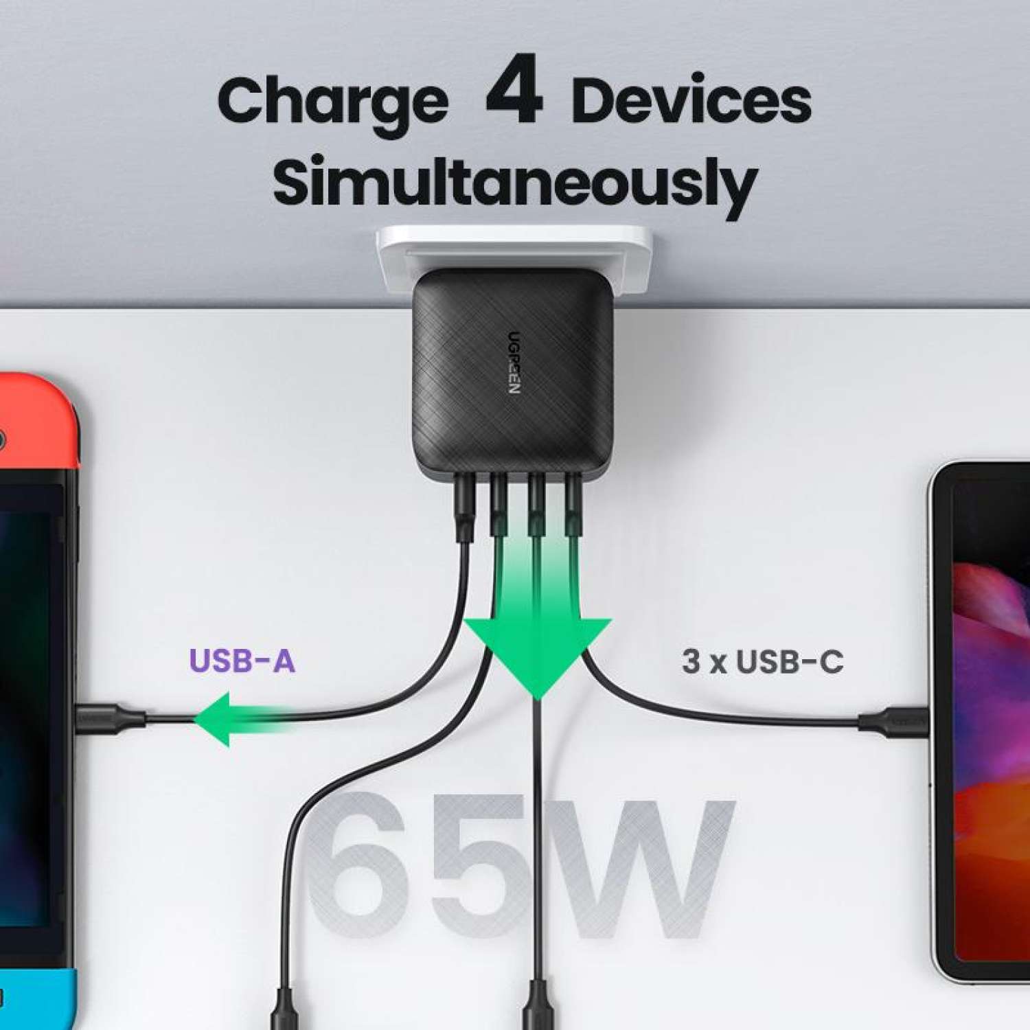 Củ Sạc 4 Cổng UGREEN 65W GaN Sạc Bộ Sạc PD USB Type-C (3 USB Type-C + 1 USB-A)