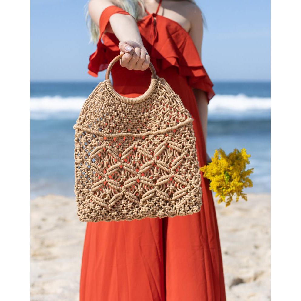 Túi đi biển, túi macrame siêu xinh xắn dành cho mùa hè, phong cách vintage, boho, cao: 29cm dài: 32cm vòng quai: 11cm