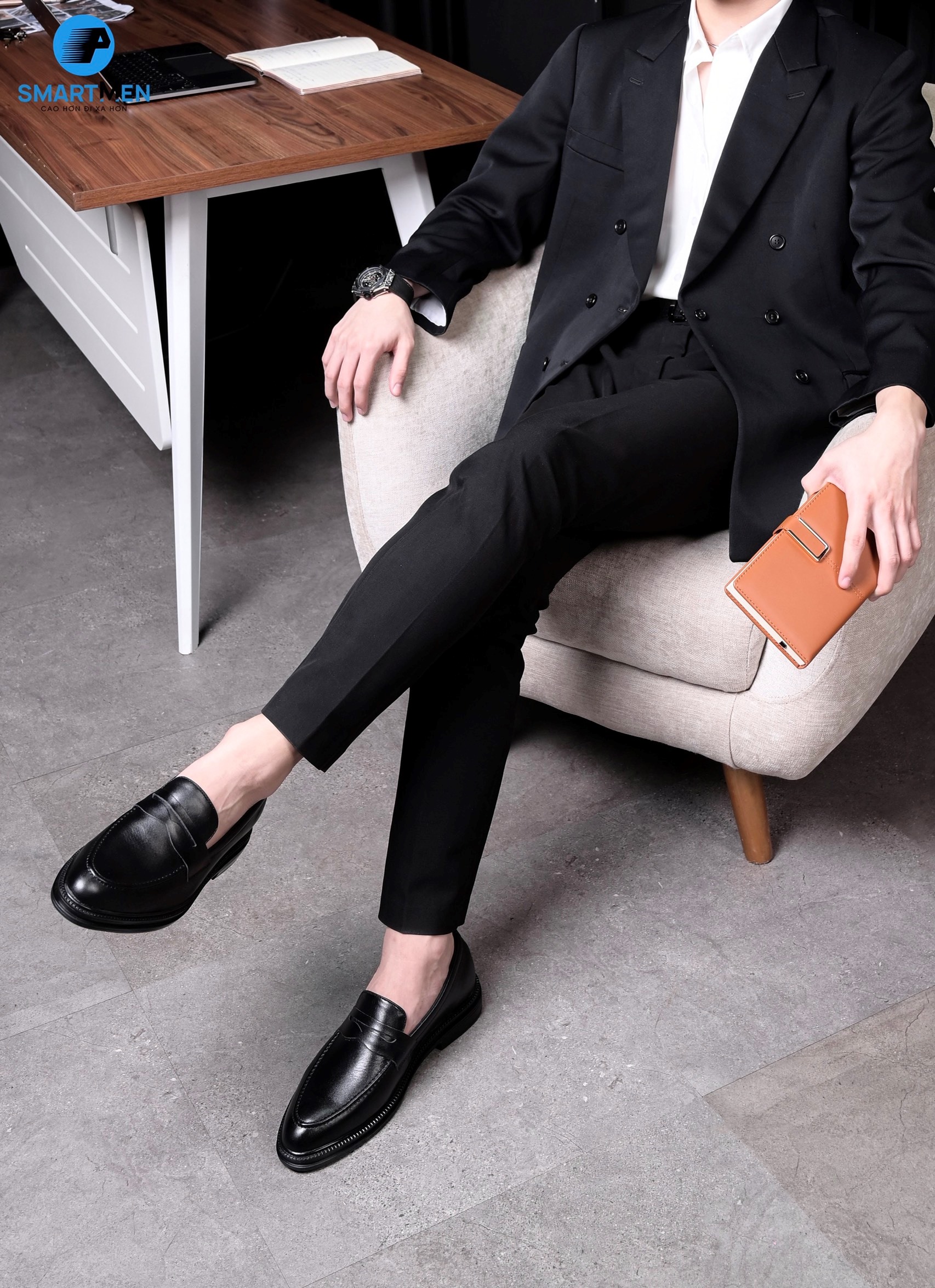 Giày lười Da bò tăng chiều cao SMARTMEN GL-45 Đen
