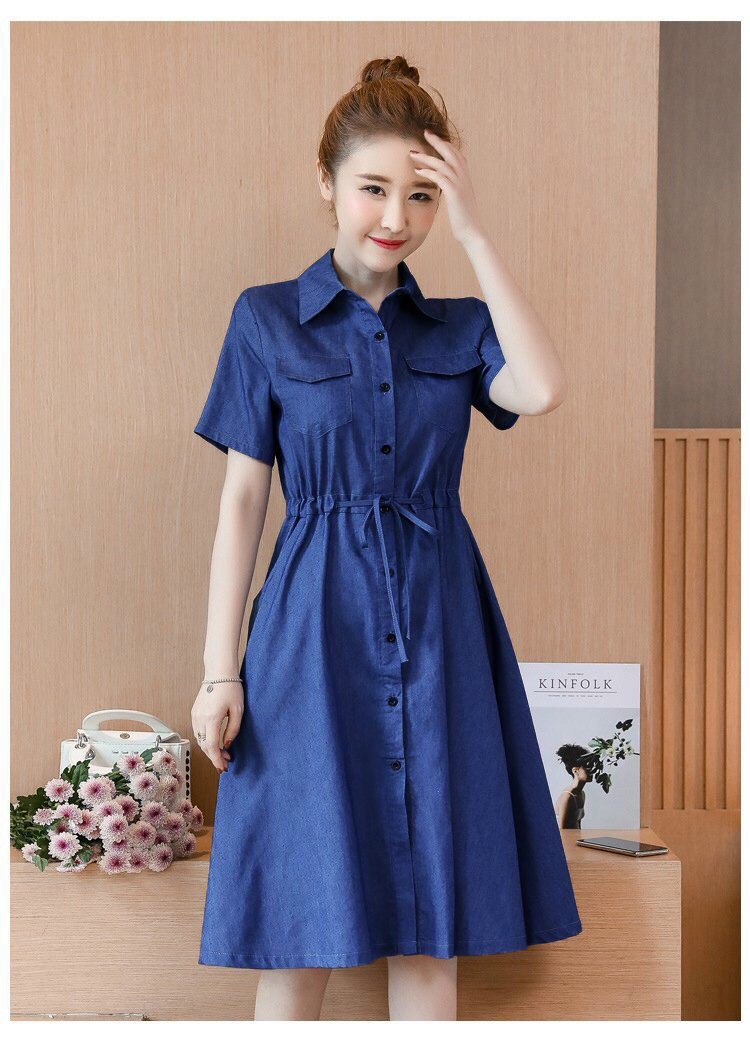 mẫu mới đầm jean sơ mi hàn quốc eo rút dây