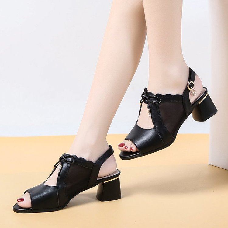 [HCM]Giày nơ lưới gót vuông da cao cấp - CG21