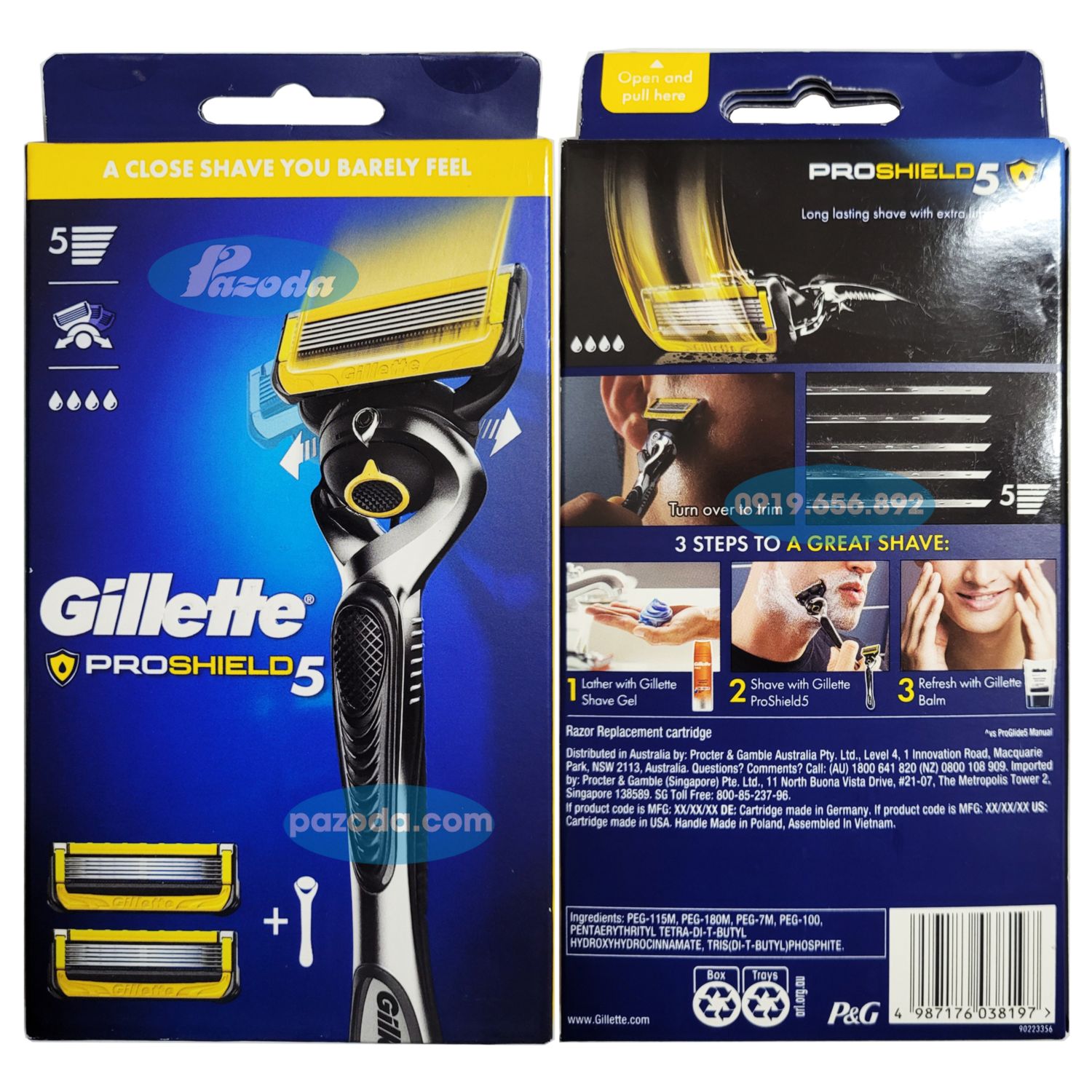 Dao cạo râu 5 lưỡi Gillette Proshield5 (1 tay cầm và 2 đầu cạo)