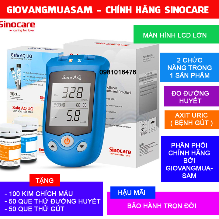 Máy đo đường huyết, Axit Uric 2 trong 1 Sinocare Safe AQ UG Tặng kèm 25