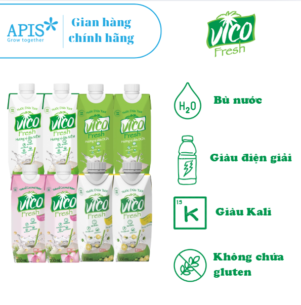 Combo 8 Hộp Nước Dừa Vico Fresh 330ml (2 Tắc, 2 Dứa, 2 Sen, 2 Xiêm)