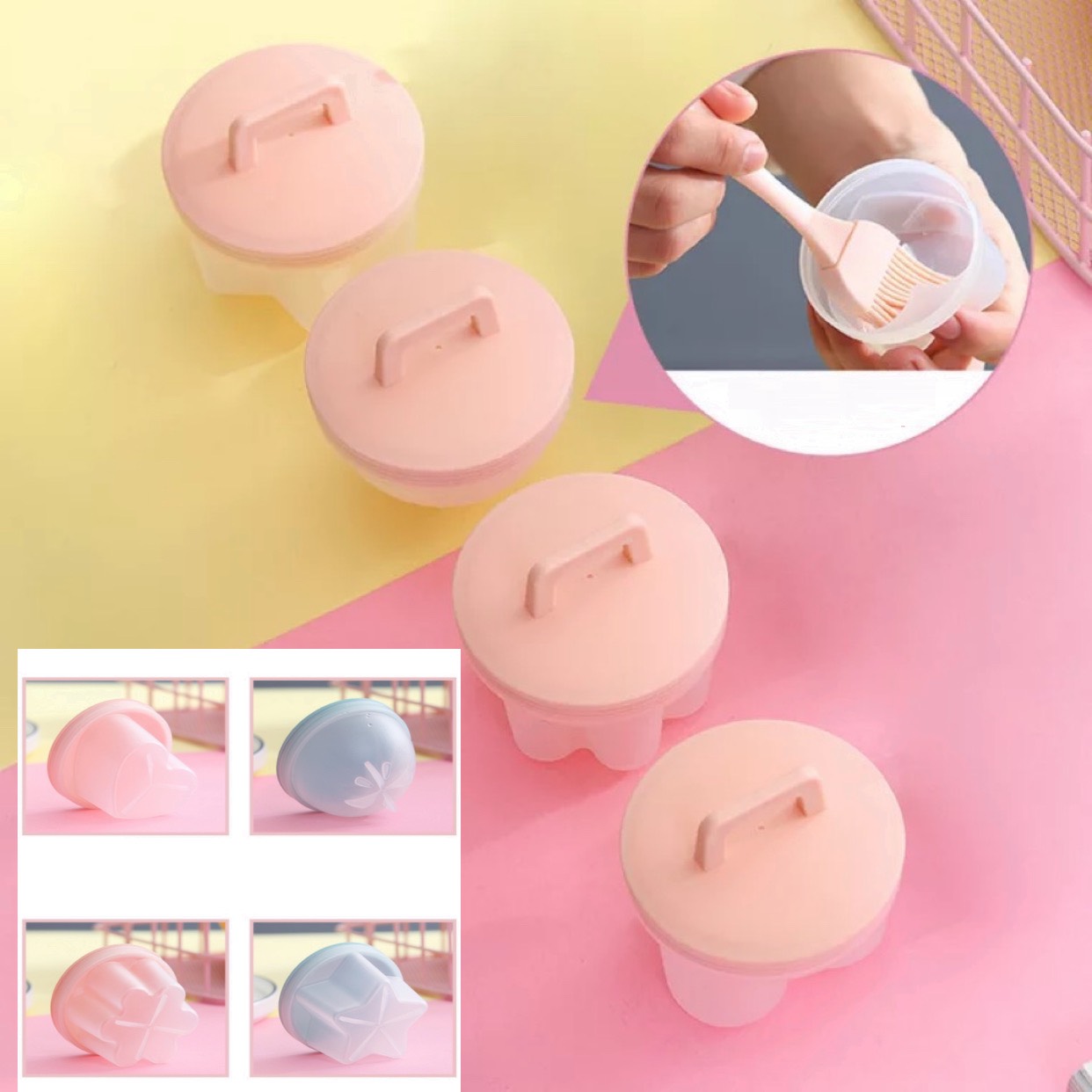Khuôn hấp bánh, Khuôn hấp trứng cho bé (bộ 4 khuôn nhựa kèm chổi silicon quét dầu)