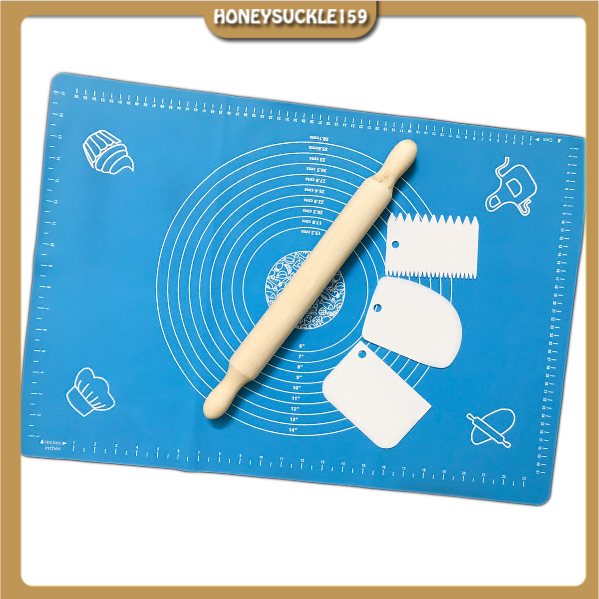 Bộ Dụng Cụ Lăn Bột Nhà Bếp (Tấm Lăn Bột Silicon 65*45*1cm + Cây Lăn Bột Gỗ 40cm + 3 Miếng Nhựa Cắt Vét Bột )