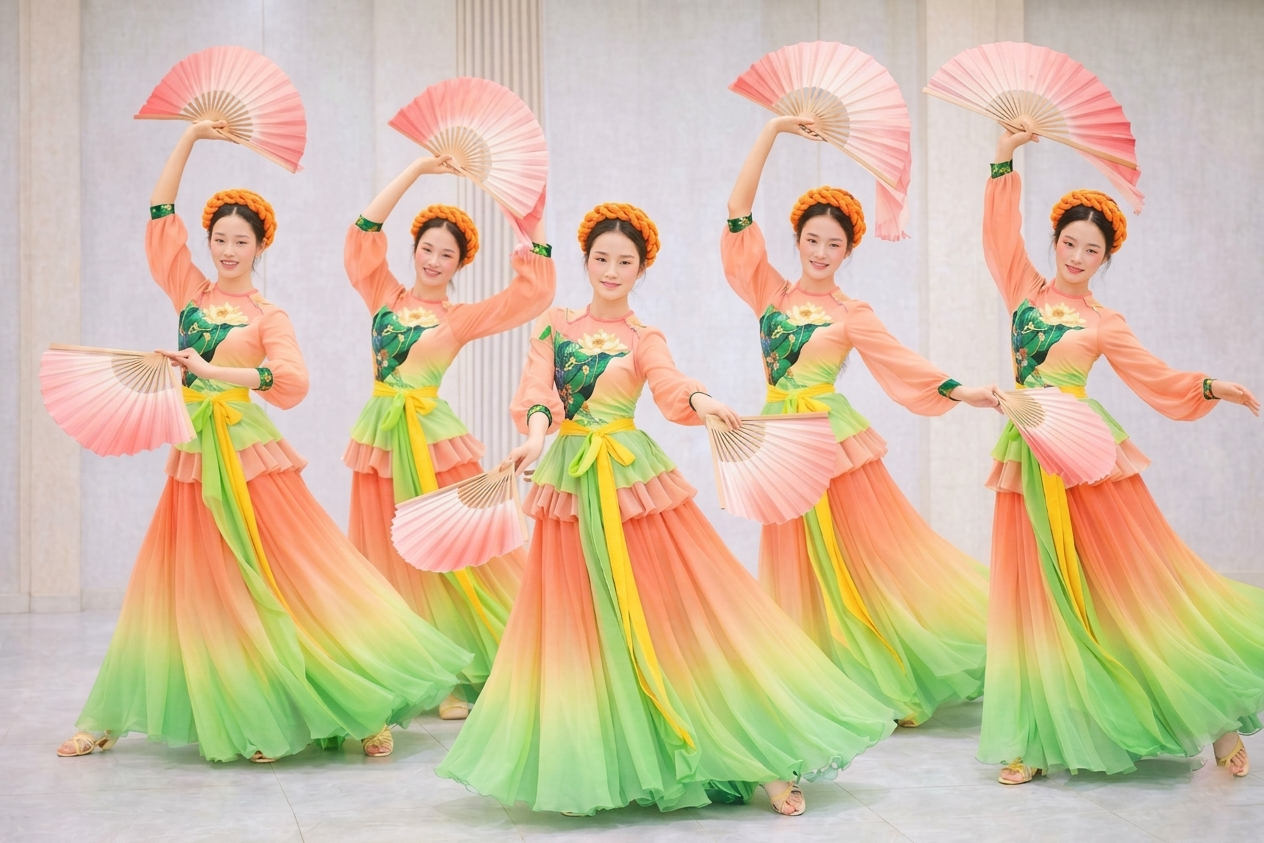 Trang phục biểu múa đội nhóm tứ thân truyền thống thiết kế phối màu xanh cam hoạ tiết hoa sen kèm chân váy xoè