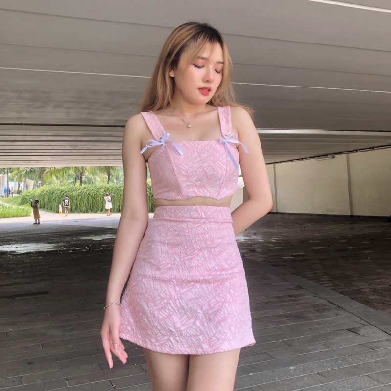 Set croptop corset thắt nơ + chân váy A (có tách lẻ) [Shi.Lingerie]