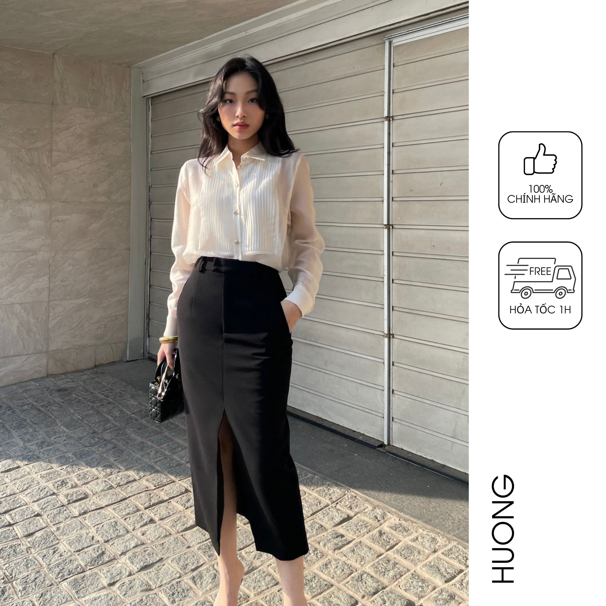 HUONG BOUTIQUE Áo sơ mi organza tơ tằm xếp gân cầu ngực HBSM1030