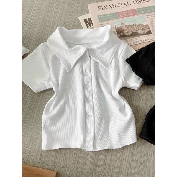 [HCM]Áo croptop thun gân cổ bẻ cài nút hách dáng