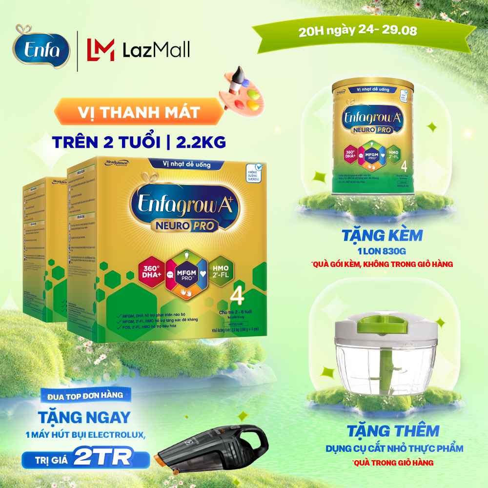 [CHỈ 20h 24.8-29.8 TẶNG DỤNG CỤ CẮT THỰC PHẨM - SLCH] [Tặng 1 lon 830g cùng loại] Bộ 2 hộp Sữa bột Enfagrow A+ Neuropro 4 Vị thanh mát với dưỡng chất DHA & MFGM cho trẻ từ 2–6 tuổi– 2.2kg