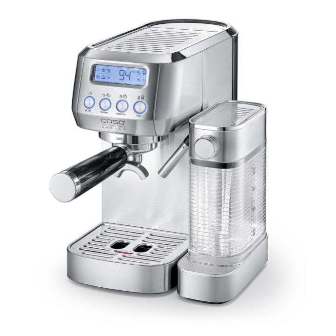 Caso Espresso Gourmet Stainless Steel Portafilter Machine, Powerful 19 Bar Ulka Pump, with Milk Frother, for Coffee Powder or ESE Coffee Pods, for 2 Cups, with Cup Heat Plate