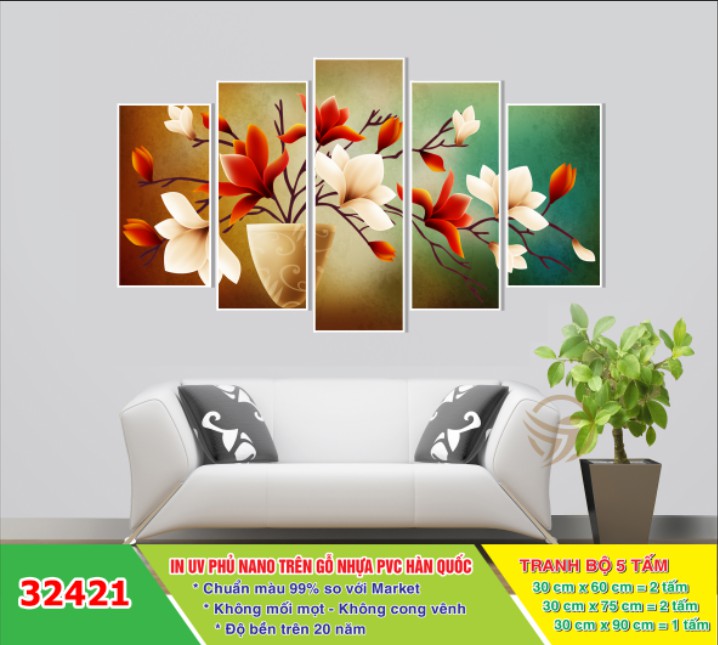 Tranh treo tường phòng khách Bình hoa 5 tấm/Gỗ MDF Hàn Quốc chống ẩm mốc, mối mọt