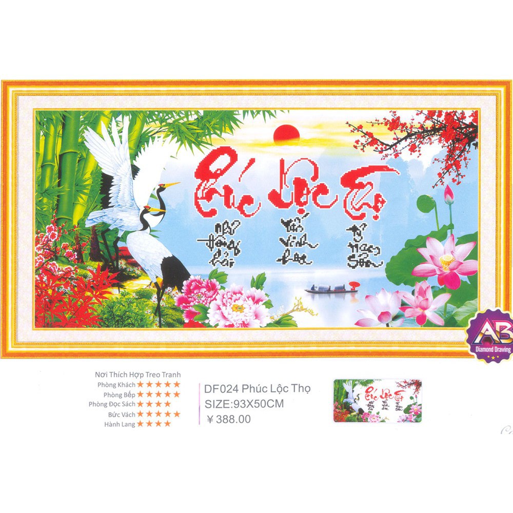Tranh Đính Đá PHÚC LỘC THỌ (ĐÁ ABC CAO CẤP). Kích Thước: 93cm x 50cm
