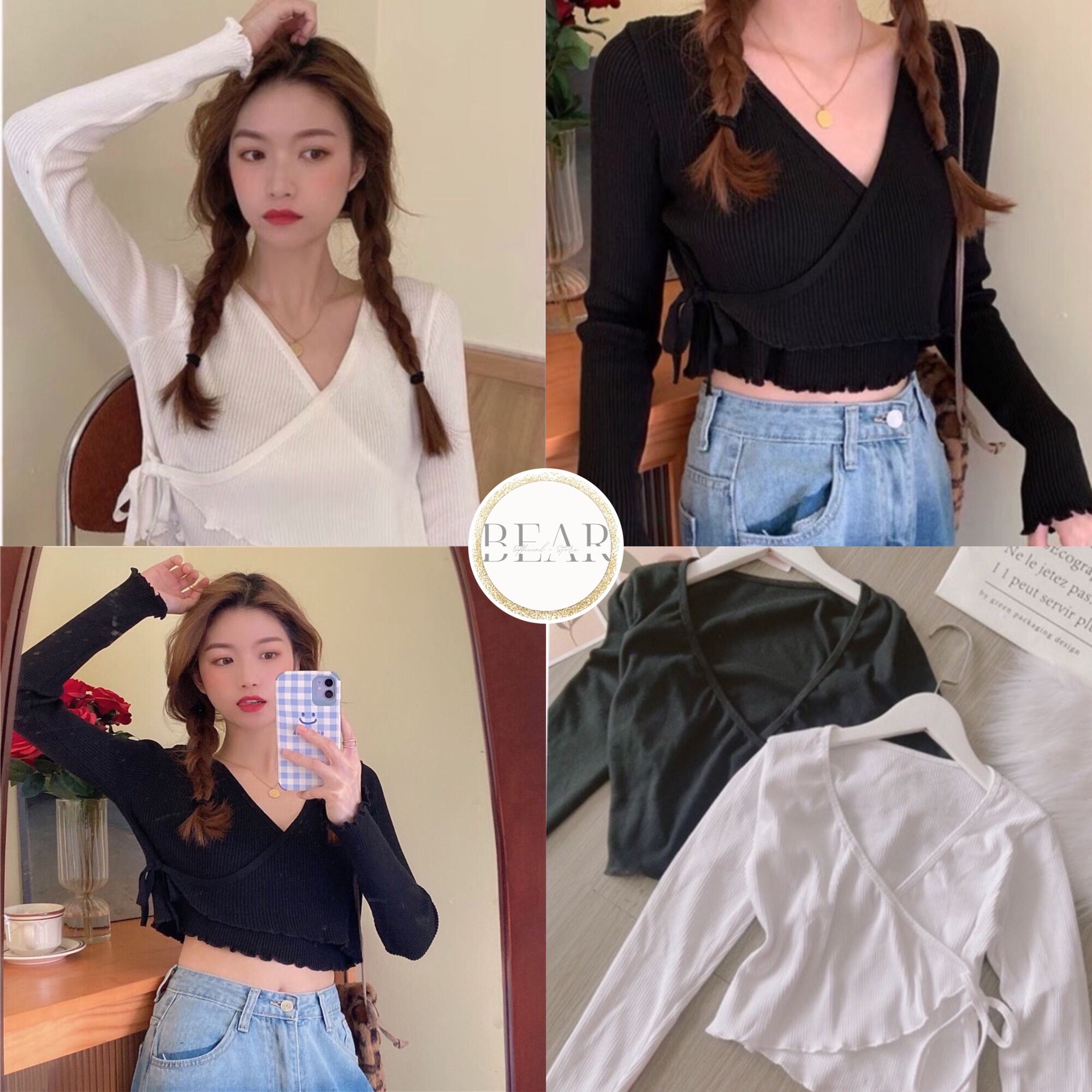 Áo crotop kiểu nữ thun gân đắp chéo cột eo tay dài by candystyle
